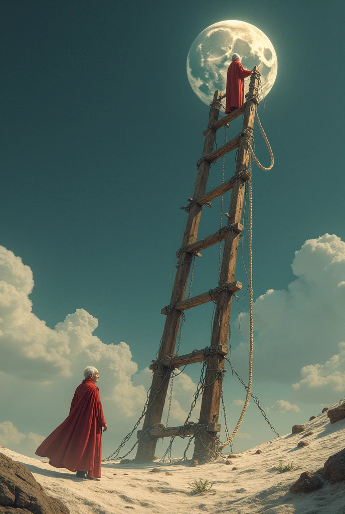 A very tall ladder whose height is from the ground to the top of the moon. 
The ladder is mounted on the top of the moon from the ground, spinning the old thread of the moon on the moon. 
Up on the ladder is an old man, wearing a red robe, talking to the old lady of the moon.