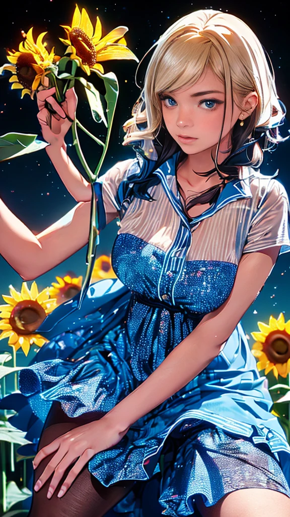 ((masterpiece)),(((Highest quality))),
Look forward。
Two idols in bold fashion、
Two intertwined slim thighs,Long legs,whole body:1.5,
(Two intertwined girls:1.3),
(Pop patterned pantyhose and thick pointed heels:1.3),
(Cute white casual summer outfit dress:1.2),
Short Blonde:1.2、
Two intertwined models posing,
Flowerpunk space background with glitter effect, Lens flare, fluorescence,
Sunflower field, Dazzling summer sunshine
