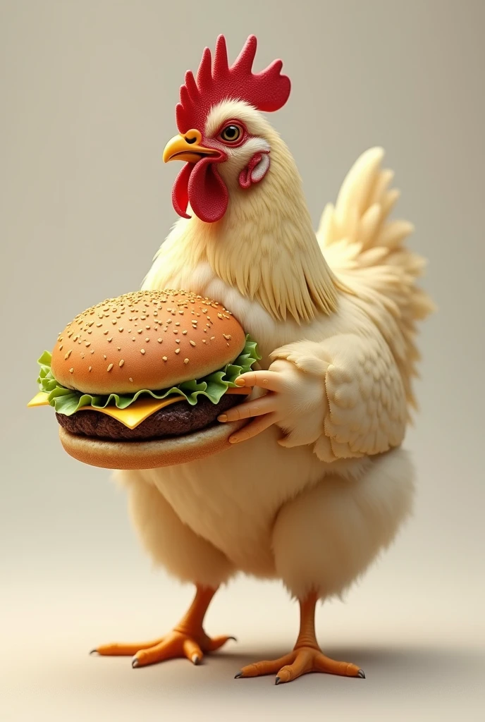 A chicken eating a cheeseburger