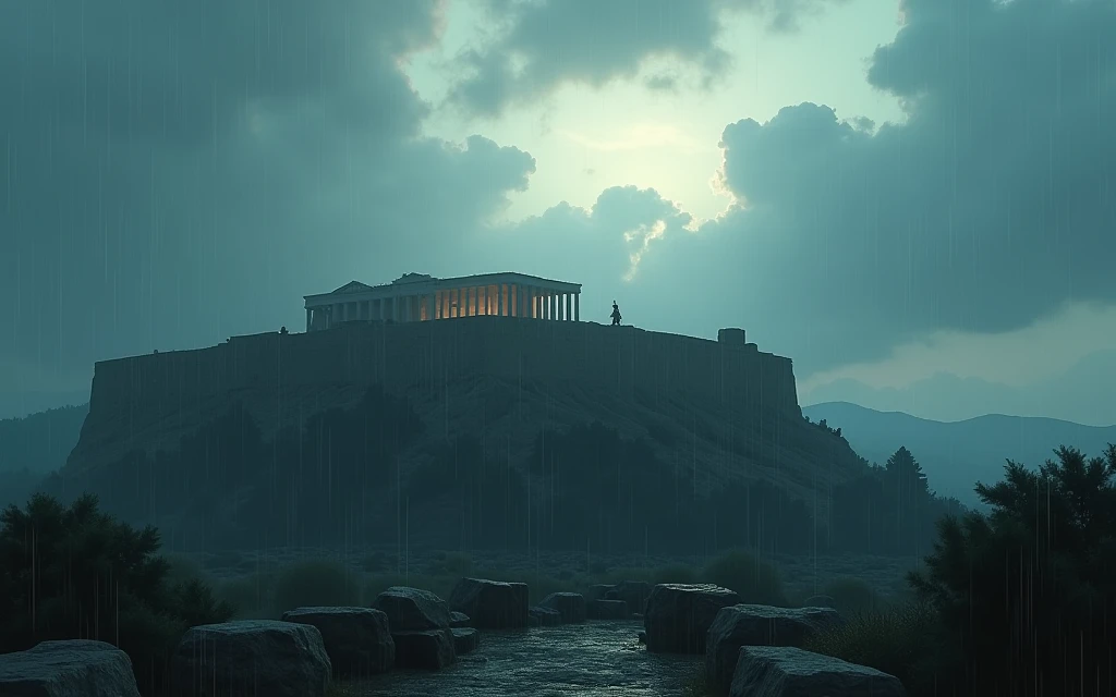 Acropolis Athens, , no people, raining, day, clouds, In the style of Makoto Shinkai。master piece, ultra detail, precision, ultra-realistic,