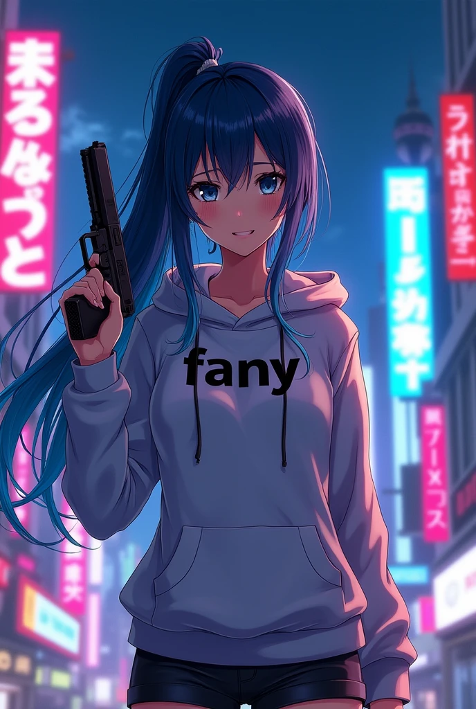 Create a character anime {{background: capital text:“GLBK”, night city}},
tanned skin, realistic, HDR, beautiful, japan style, full body, use piastol, age 20, hoodie HD text: “FANY”, female, long hair, color hair: gradient blue