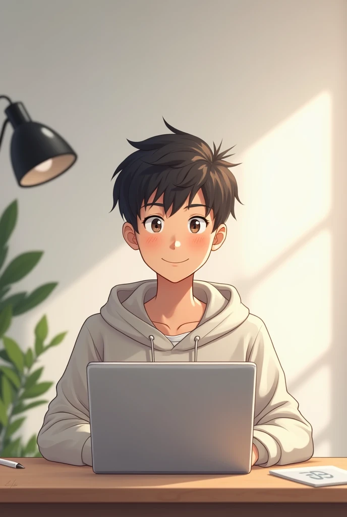 Anime friendly young man wearing a hoodie. He is sitting behind his laptop in his studio, arms on his desk. It is day. The room is minimalistic. He is front facing to the camera, looking straight and centered, central portrait, sitting straight forward, front view, centered looking straight at camera