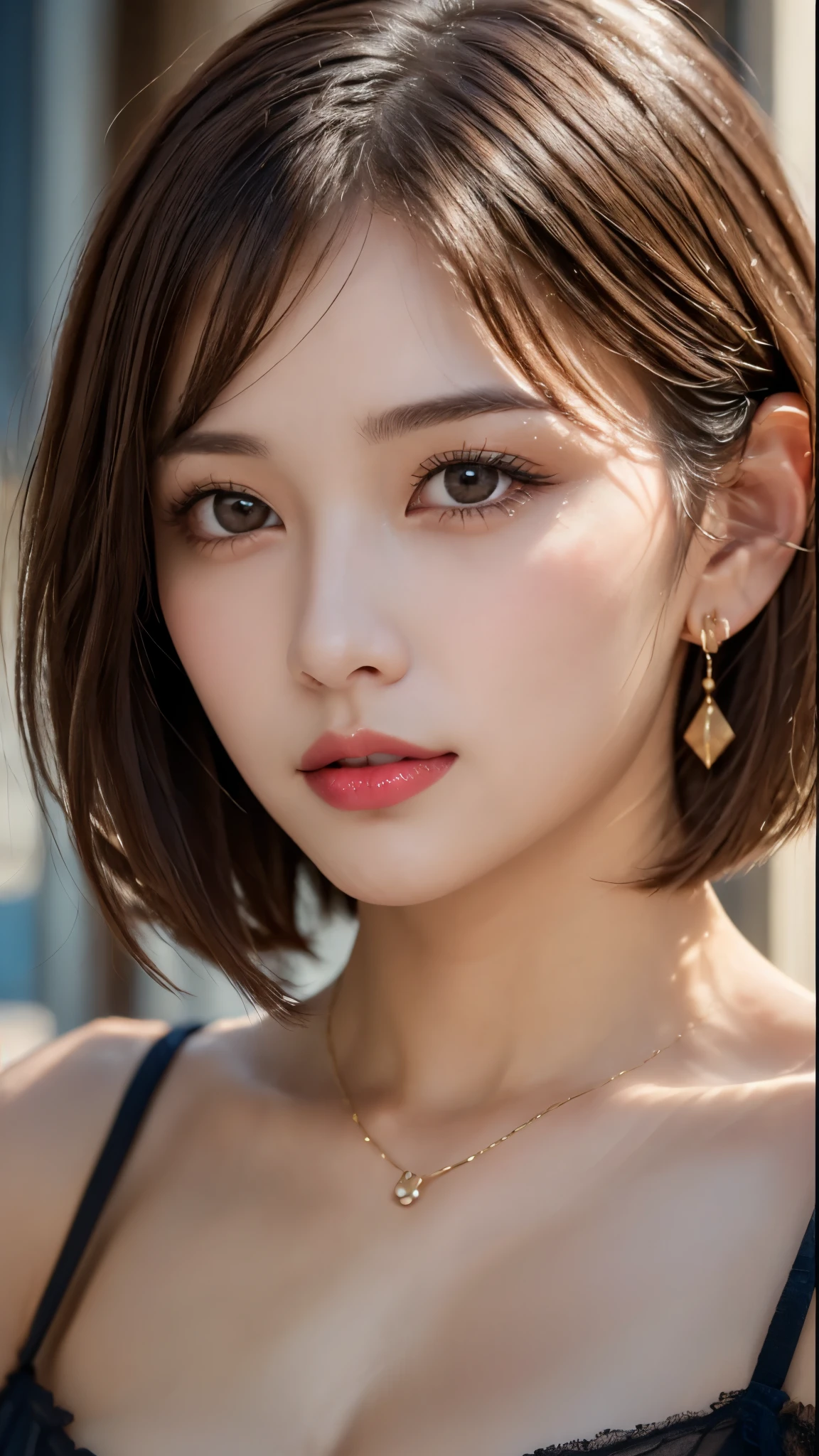 (Photorealistic, 32k, RAW photo, best quality:1.4), (masterpiece:1.3), (ultra high resolution, ultra realistic, highly detailed, golden ratio, ultra detailed), 1 beautiful woman, natural makeup, intricate cloth texture, finely detailed hair texture, beautiful full-body, perfect female form, anatomically accurate, highly detailed face and skin, (elegant hands), (realistic skin), (beautiful pale skin:1.1), (face on focus, extreme close-up:2.0), (Oversized Breasts, generous cleavage), (Wearing Blue Slip Dress:1.5), (Earrings, Pendant), 
BREAK,
realistic eyes, captivating detailed eyes, symmetric eyes, light brown eyes, double eyelids, thin eyebrows, (glossy lips:1.4), (face waiting for kiss, blush:1.3), 
BREAK,
((short bob cut, dark brown hair, bangs:1.2)), (Moonlit night, terrace:1.3)