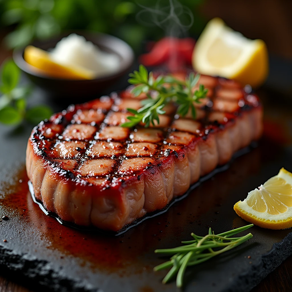 Advertisement for Japanese Kurobuta Pork Steak,Hot grilled steak,There are decorations next to it.,Reflecting freshness, Juiciness and vibrant colors