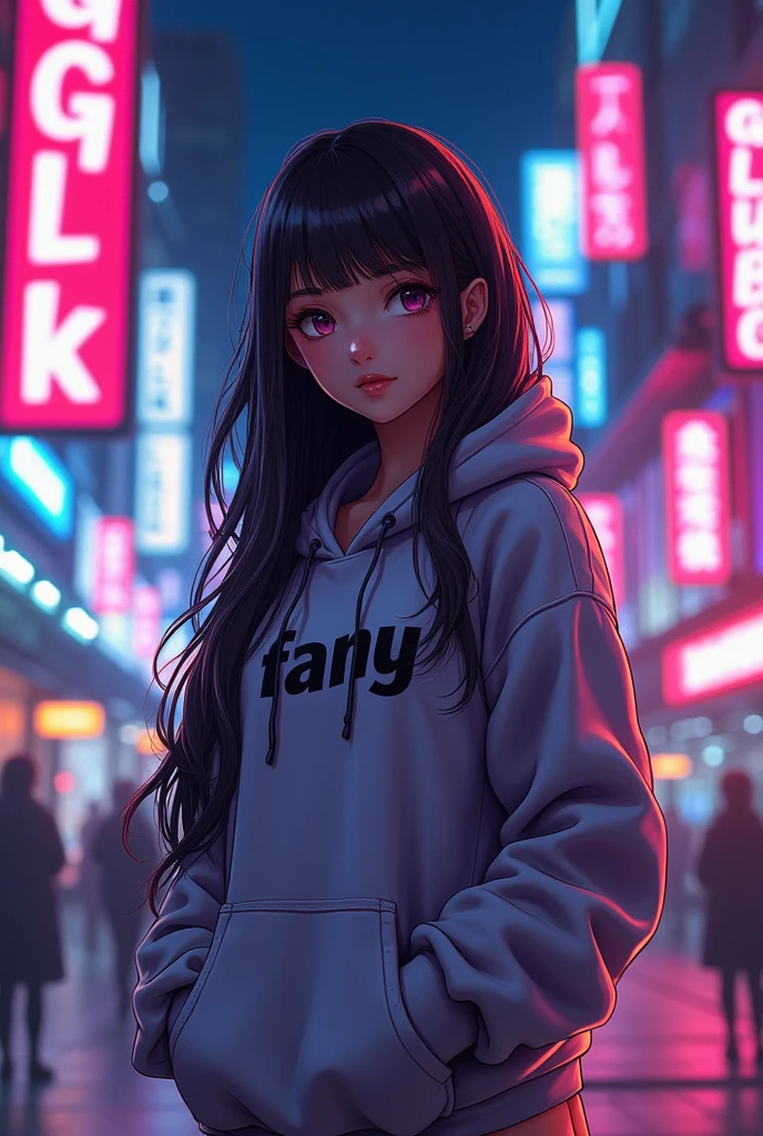 Create a character anime, {background: capital text “GLBK”, night city}, tanned skin,
realistic, HDR, beautiful, japan style, full body, use piastol, age 20, hoodie HD text: “FANY”, female, long hair