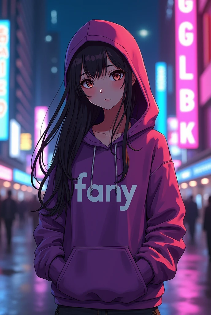 Create a character anime, {background: capital text “GLBK”, night city}, tanned skin,
realistic, HDR, beautiful, japan style, full body, use piastol, age 20, hoodie HD text: “FANY”, female, long hair