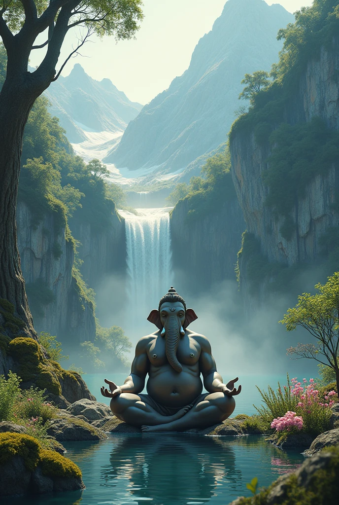Lord Ganesha Mediating in a waterfall deep in the mountains 