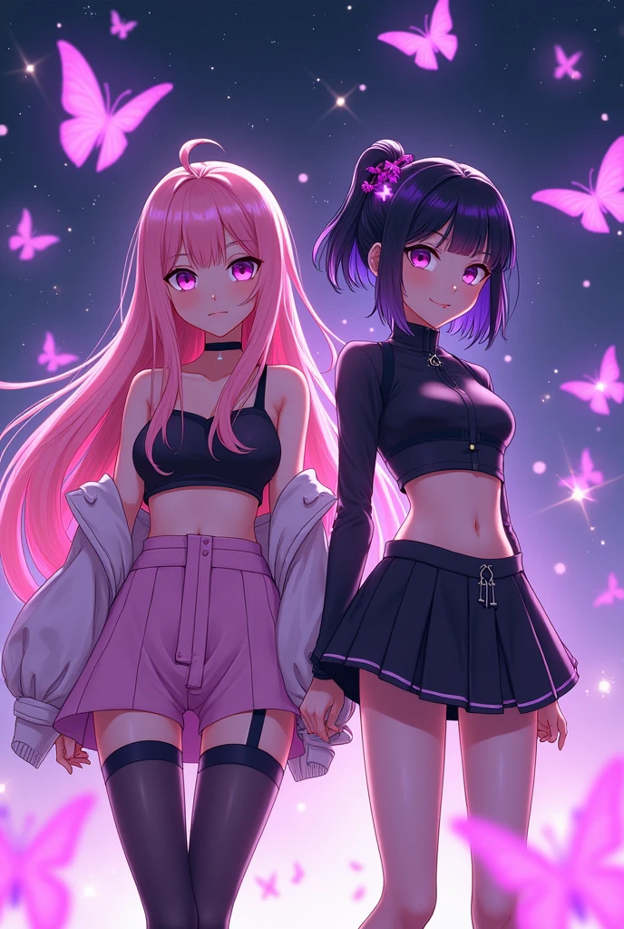 girl hair pink LARGE with black, eyes pink and friend girl hair black with purple , butterflies purples particles , anime HD , oufit futurista, crop top black , match icon, atmosphere with stars HD