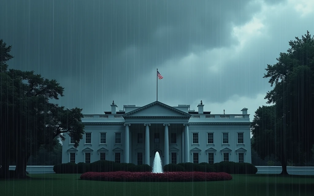 outside the White House, no people, raining, day, clouds, In the style of Makoto Shinkai。master piece, ultra detail, precision, ultra-realistic,