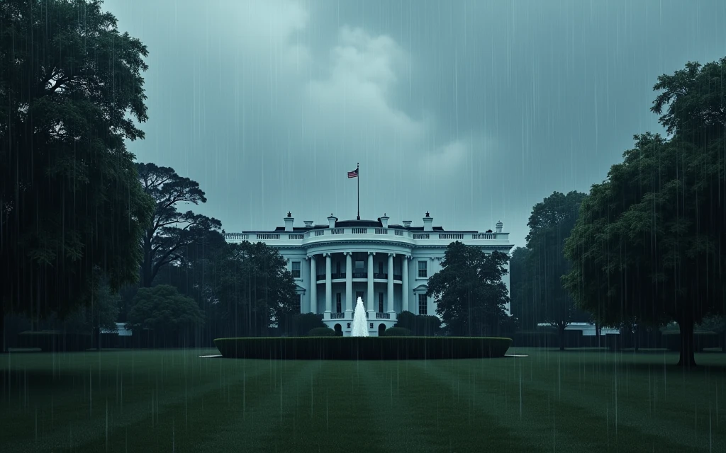 outside the White House, no people, raining, day, clouds, In the style of Makoto Shinkai。master piece, ultra detail, precision, ultra-realistic,