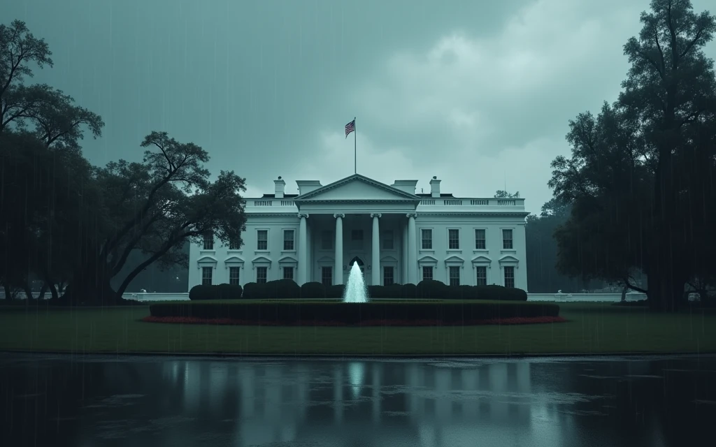 outside the White House, no people, raining, day, clouds, In the style of Makoto Shinkai。master piece, ultra detail, precision, ultra-realistic,