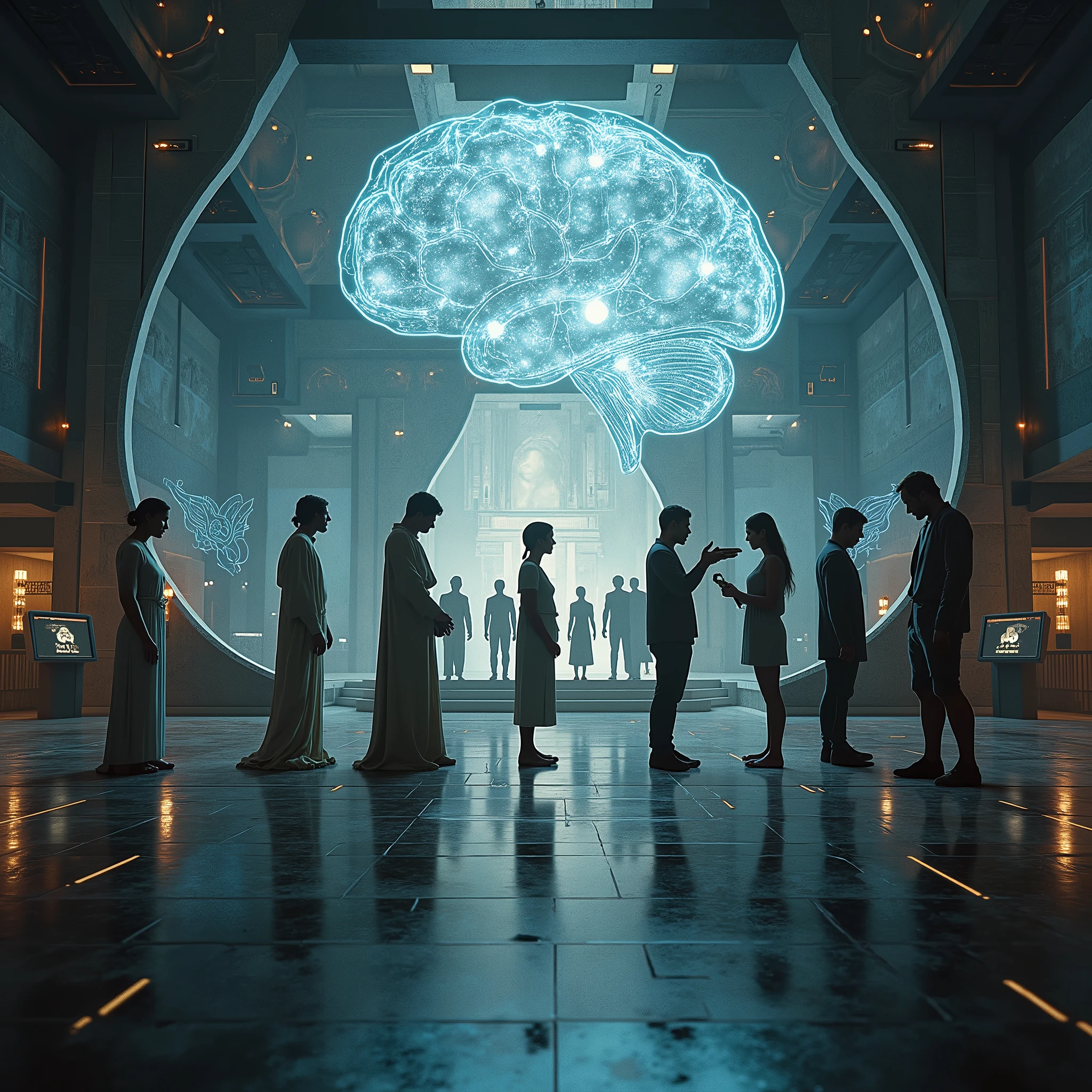 hyperrealistic image, which depicts the development of philosophical trends and their gradual influence on humanity. The image should contain:
1. Historical philosophical directions: Display významné filozofické obdobia a ich hlavné postavy, that shaped human thinking:
• Antique: Plato and Aristotle with their abstract and symbolic representations.
• Renaissance: René Descartes to Francis Bacon, illustrated as pioneers of empiricism and rationalism.
• Postmodernism is poststructuralism: Michel Foucault a Jacques Derrida, representation through dynamic and deconstructive visualizations of language and cognition.
2. Development and interaction: View, how these philosophical directions influenced the development of human society. Use futuristic symbols and holograms to illustrate the transition from ancient thought through empirical investigation to deconstruction and analysis of language.
3. Technological and philosophical observations: Display, as an alien race monitors and analyzes these developments in technological observatories. Display ich zariadenia a hologramy, which document transitions between different philosophical paradigms.
4. Philosophical concepts: Visualize abstract symbols and texts, which illustrate Derrida's theory of the ever-changing meaning of words and their influence on human perception of reality.
5. Final discovery: In the background, show the transition from the simulated world to the revelation of real reality. Illustrate, how humanity adapts to a new view of the universe and philosophy.
The image should be epic and immersive, with an emphasis on hyper-realistic details and the complexity of philosophical and technological elements.
.