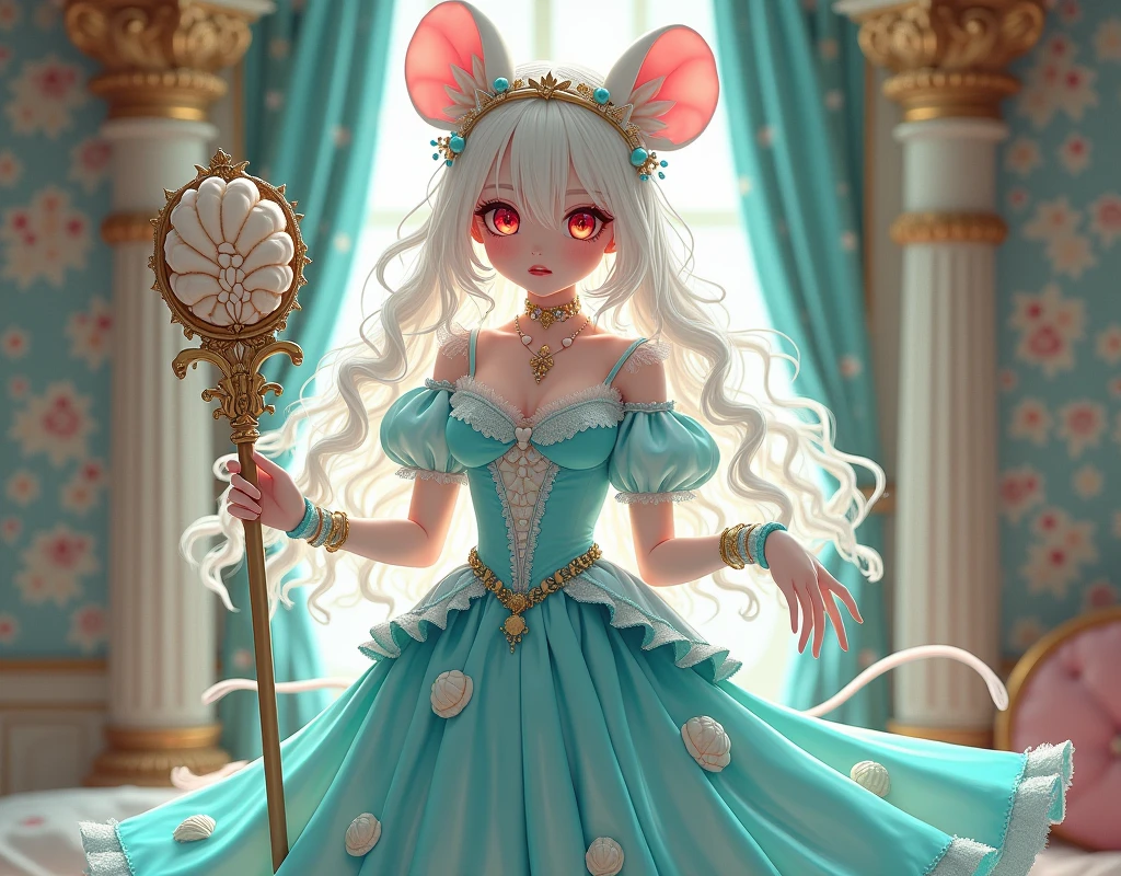 (best quality,4k,8k,highres,masterpiece:1.2), ultra-detailed, Pretty albino girl has a princess, drawn in 2D anime style, steampunk, wearing a iridescent turquoise princess gown with puffy sleeves, steampunk, gorgeous frilly dress design,flowing gown, elaborate lace details,rich textures,contrast stitching,delicate ribbon bows, seashells embroidery, full skirt with ocean wave pattern,short sleeves,fitted waistline,flared cuffs,lace-up back,luxurious fabrics,flawless silhouette, long curly white hair and red eyes, white fur, smiling, mouse ears and tail, ribboned high heels, white elbow evening gloves, gold bracelets, tiara made of seashells, beautifully detailed lips with lipstick, long eyelashes, eyeshadow, seashell necklace, in a castle bedroom with intricate decoration and luxurious furniture, flower wallpaper, she is holding a magic staff made of seashells and pearls.