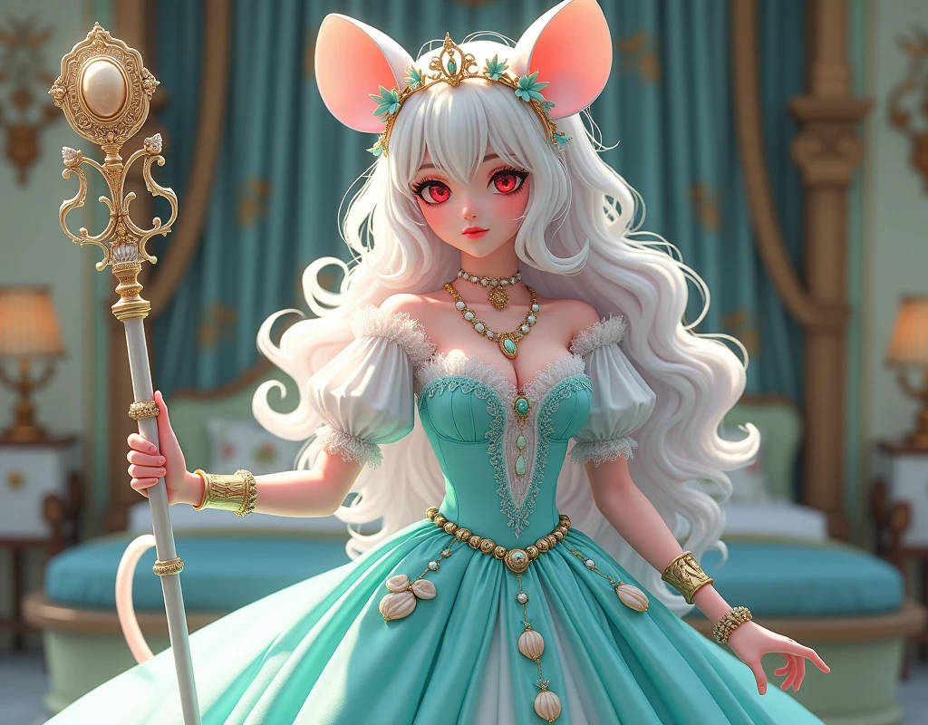 (best quality,4k,8k,highres,masterpiece:1.2), ultra-detailed, Pretty albino girl has a princess, drawn in 2D anime style, steampunk, wearing a iridescent turquoise princess gown with puffy sleeves, steampunk, gorgeous frilly dress design,flowing gown, elaborate lace details,rich textures,contrast stitching,delicate ribbon bows, seashells embroidery, full skirt with ocean wave pattern,short sleeves,fitted waistline,flared cuffs,lace-up back,luxurious fabrics,flawless silhouette, long curly white hair and red eyes, white fur, smiling, mouse ears and tail, ribboned high heels, white elbow evening gloves, gold bracelets, tiara made of seashells, beautifully detailed lips with lipstick, long eyelashes, eyeshadow, seashell necklace, in a castle bedroom with intricate decoration and luxurious furniture, flower wallpaper, she is holding a magic staff made of seashells and pearls.