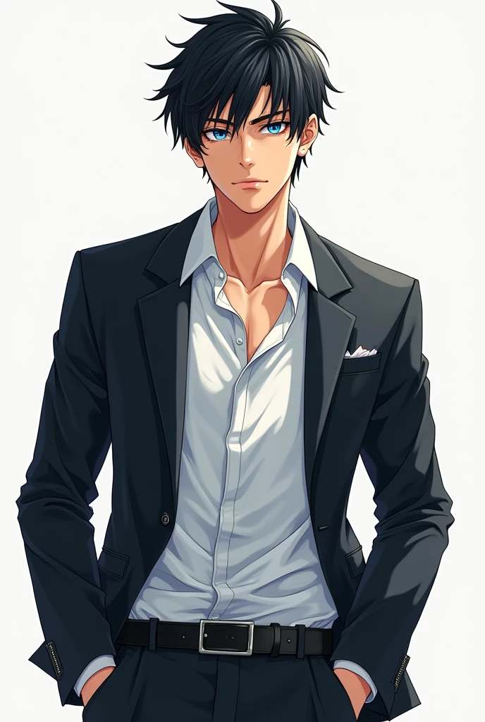 A male handsome bule eyes tall height sweat student wearing white shirt and black blazzerof age 24 manga character