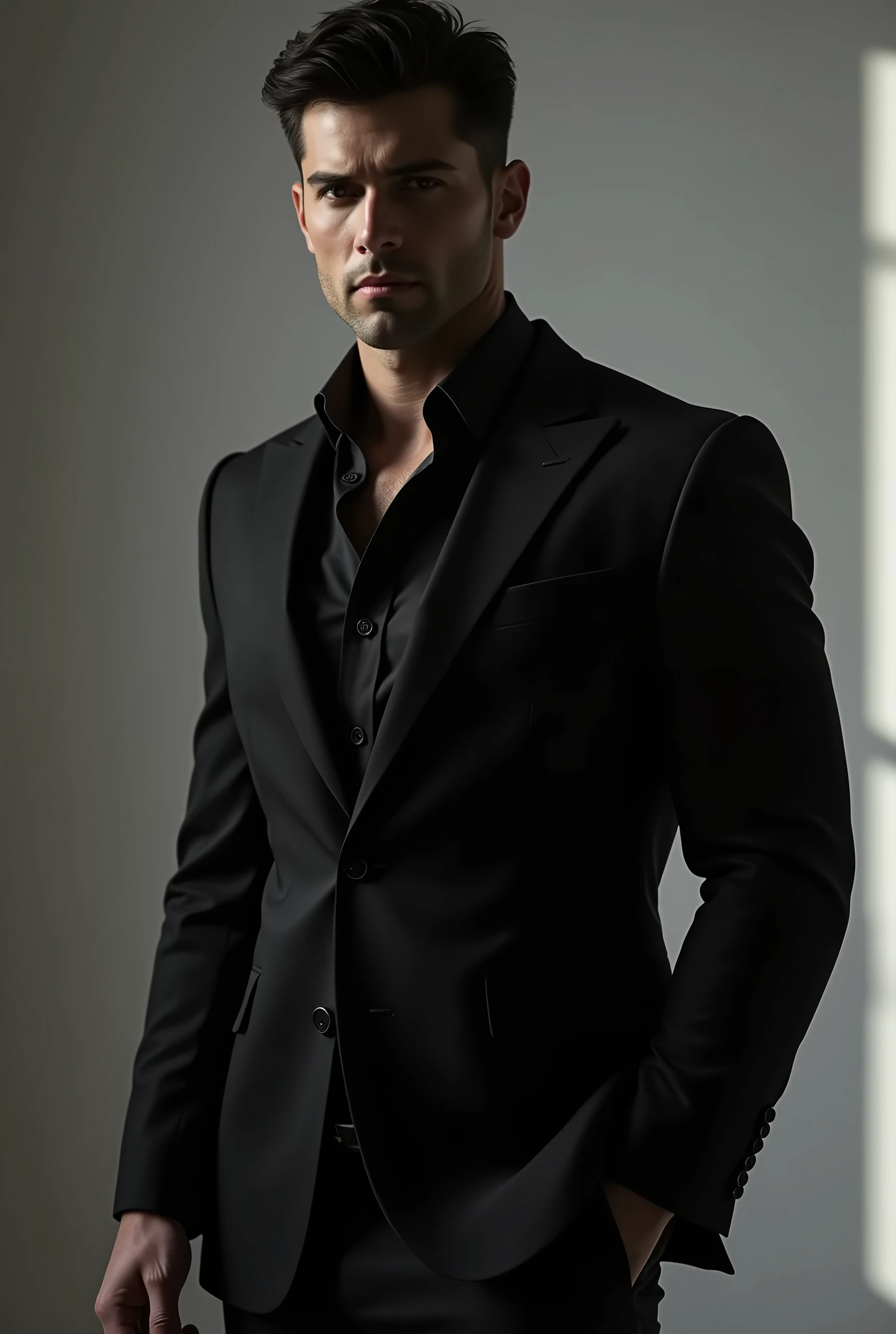 1 man, black hair, black eyes, black suit, tall, nice body, broad shoulders, expressionless, sexy, sensual, 2