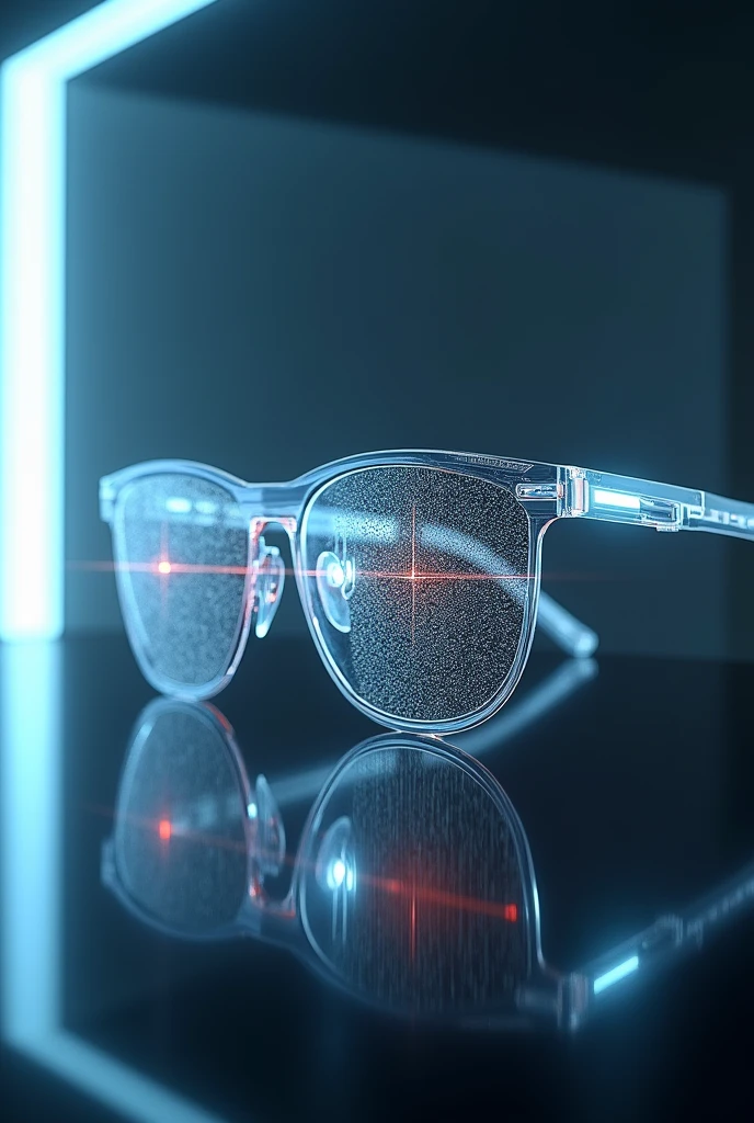 Generate a picture of vein scanner eyeglasses with visible on lenses scanner. No person