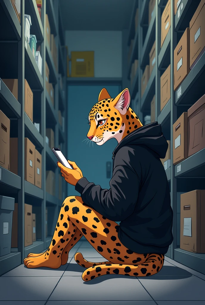 anthro young female spotted leopard, wearing a black hoodie, sitting inside a storage room in a school, looking down at her phone with a bored expression, anime style