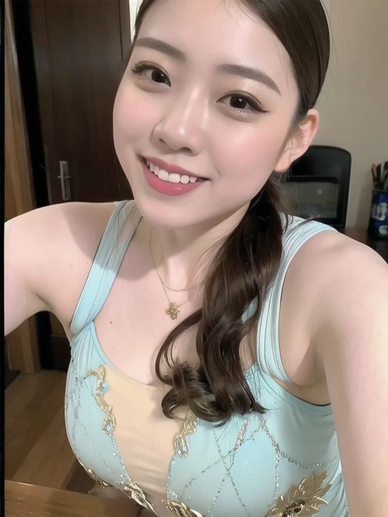(masterpiece, Highest quality:1.2),masterpiece,beautiful,Very detailed,(Ultra-high resolution),(8k UHD Highest quality), (Realistic, photograph-Realistic:1.37), depth_of,Field, Blurred_background, photograph_Inset,Draminic lighting,reference_Inset,photograph_background,Iris,photographRealistic,Looking_in_Audience,1人of女of子,Glowing Skin,Detailed skin, 1人of女of子, 一人in、ofように、ponytail、Cowboy Shot、Black Hair、ライトブルーof衣装、脇of下、expose forehead、(完璧にバランスofとれたボディ)、Big Boobs