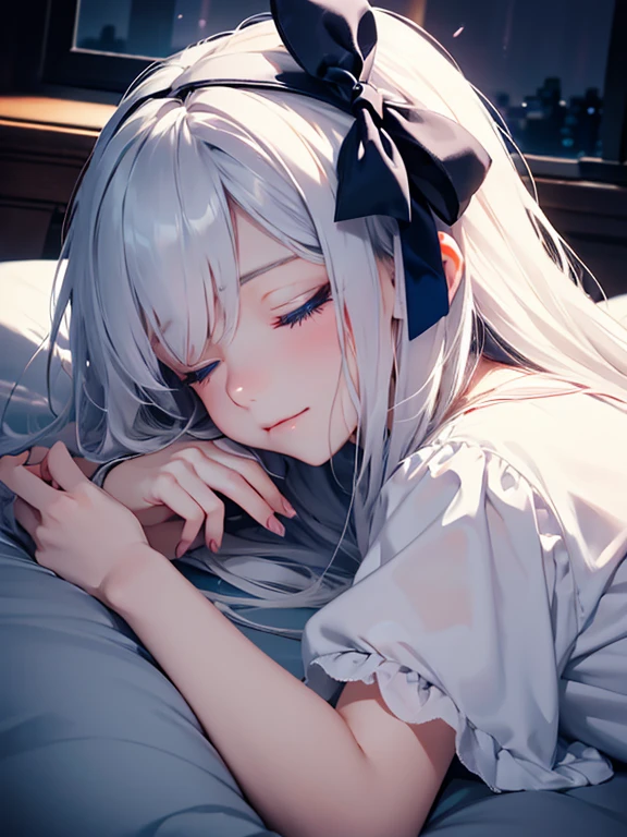 Sleeping on your side、Dreaming pleasant，Lie down in bed with a slight smile、I closed my eyes and slept soundly、night、Sleeping in the room、1 girl,albino, cute, gray hair、beautiful, long hair, Blue eyes, hair with ribbon,night light ((8k, Hmm, surreal))、Shorten your hair