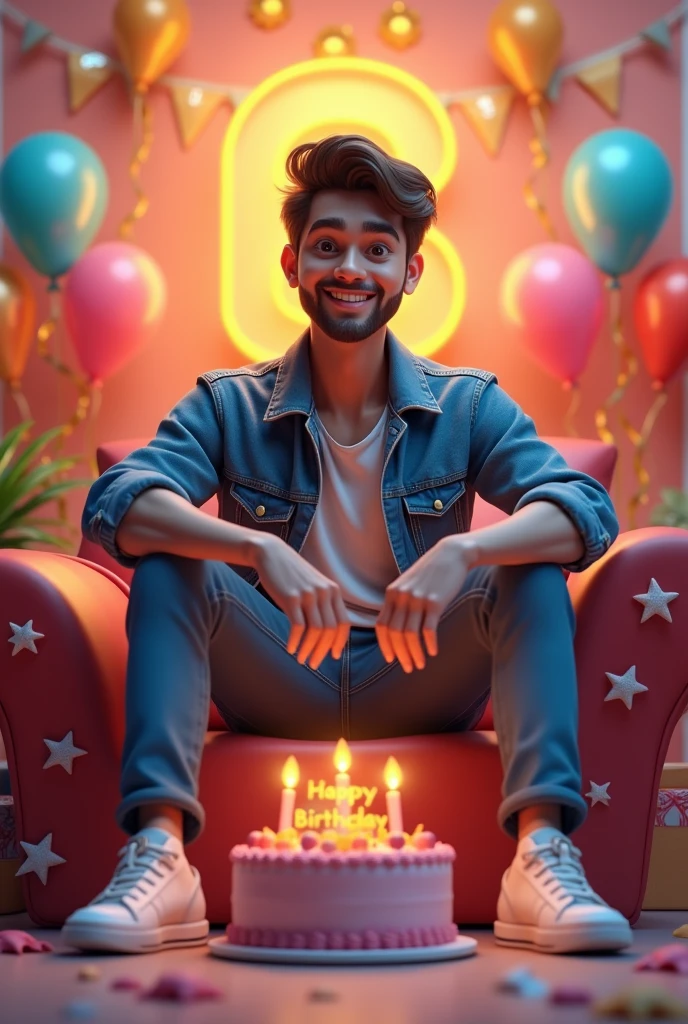3D illustration of a man
sitting casually on front of a cake. The character must wear casual moder clothing such as jeans jackets and sneakers shoes. The background of the image is a party theme. Write 'Hitesh Prajapat' on the birthday cake. Make sure the text is not misspelled. His age is 28