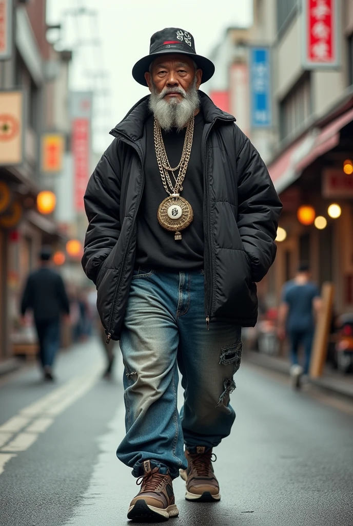60 year old Japanese man, hiphop style, hat, thick necklace, thick jeans, high-cut sneakers, on the street in Japan