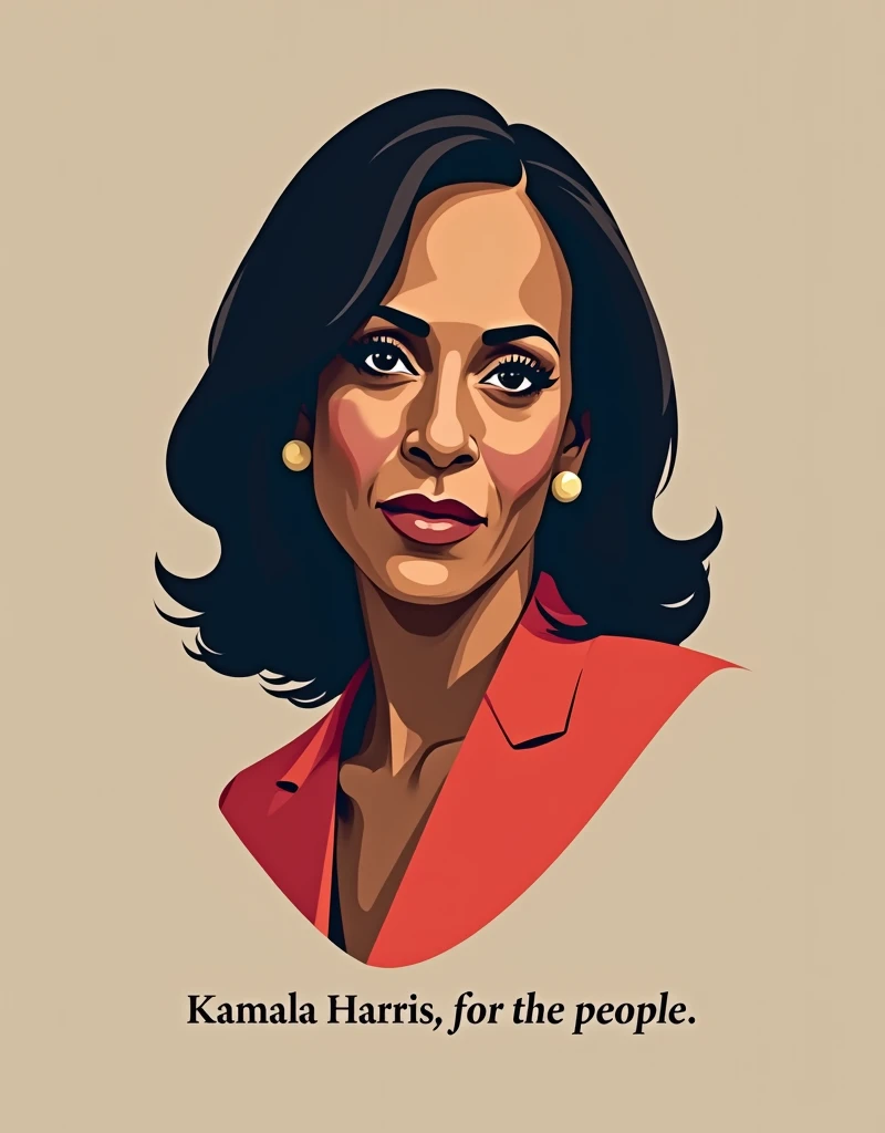 Design a sleek and modern minimalist portrait of Kamala Harris, focusing on clean lines and subtle color accents. Below the portrait, the phrase "Kamala Harris, For the People" is written in elegant, thin typography. This design is perfect for customers seeking simple, stylish merchandise like phone cases and tote bags.