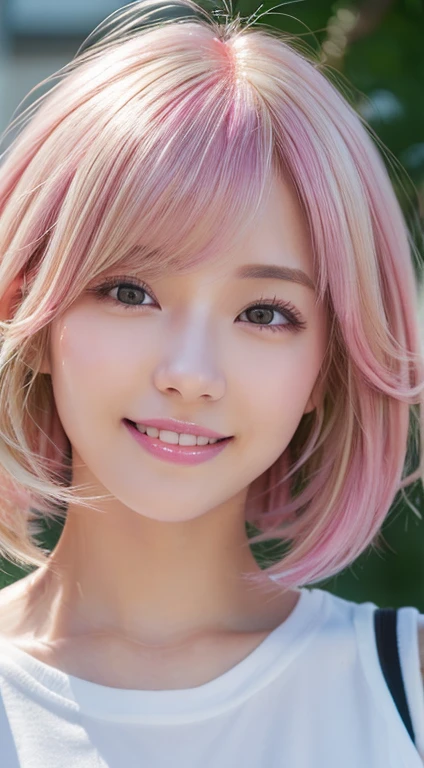 Happy smile seeing this、In the city、(Highest quality,8K quality,masterpiece:1.3,),(Ultra-high resolution:1.3,Realistic:1.4,RAW Photos:1.2),(Very detailed:1.2,Glowing Skin,Detailed skin:1.1),(Detailed face,Perfect Anatomy,Caustics:1.2),,1 girl,cute,Japanese,1,Japanese Ido,pink hair, [(gradient hair from pink to blonde:1.4):0.4], medium hair,Curl short hair outward,cute目,Natural Makeup,bright casual clothes,Laughter,Looking into the camera,On the face,Face Focus,Professional Lighting,Natural soft light,