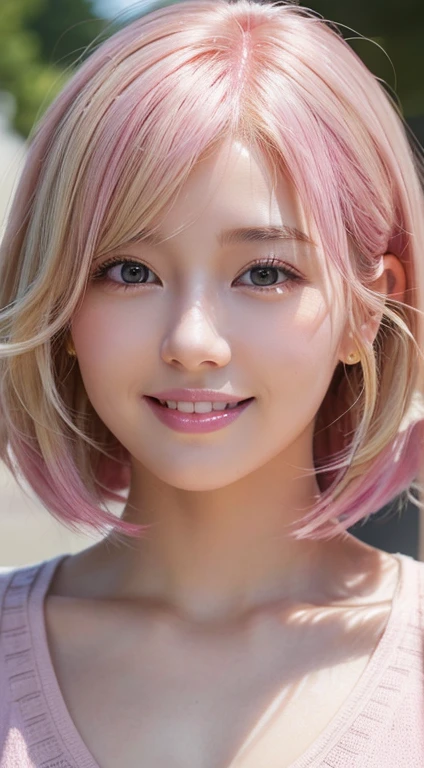 Happy smile seeing this、In the city、(Highest quality,8K quality,masterpiece:1.3,),(Ultra-high resolution:1.3,Realistic:1.4,RAW Photos:1.2),(Very detailed:1.2,Glowing Skin,Detailed skin:1.1),(Detailed face,Perfect Anatomy,Caustics:1.2),,1 girl,cute,Japanese,1,Japanese Ido,pink hair, [(gradient hair from pink to blonde:1.4):0.4], medium hair,Curl short hair outward,cute目,Natural Makeup,bright casual clothes,Laughter,Looking into the camera,On the face,Face Focus,Professional Lighting,Natural soft light,
