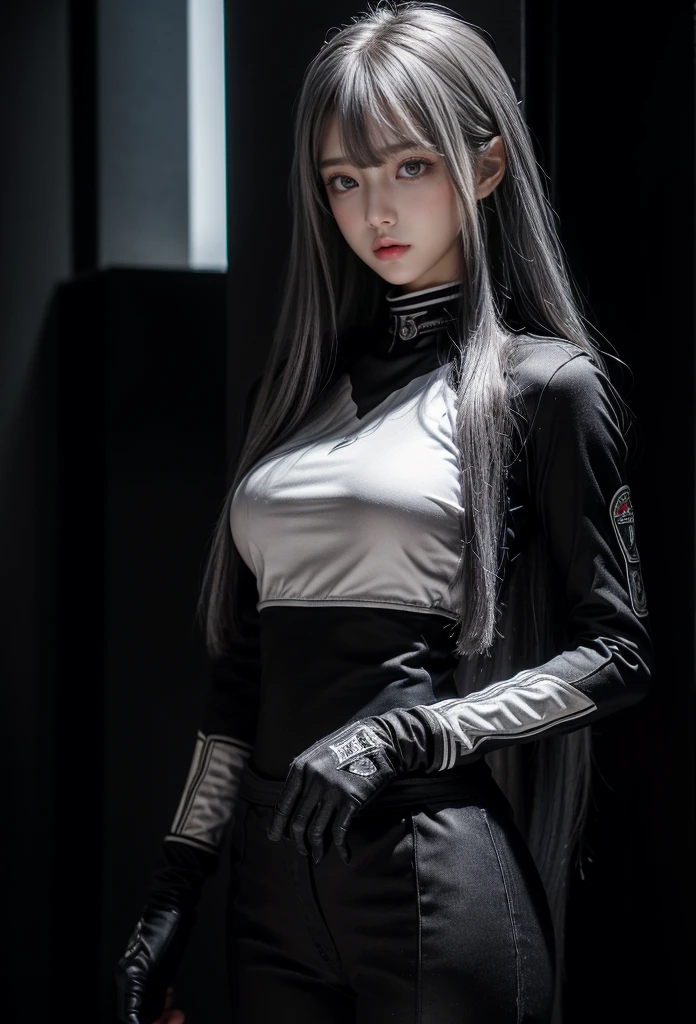 standing,Military Uniforms,pants,black military uniform,whole body,Height: 168cm,almond shape eyes,{{{{{silver eyes}}}}},{{{{{dull bangs}}}}},(slanted eyes},{{whole body},{{{1 girl}}}, long hair, straight hair,{{{{silver hair}}}},{{{tsurime}}},30 years old,{Medium chest},{{bush}},silver eyes,{{{masterpiece}}}, {{{highest quality}}}, {{Super detailed}}, {shape}, {{very delicate and beautiful}},very detailed,detailed perfect,detailed hyper,Abundant thighs,big ass,black clothes