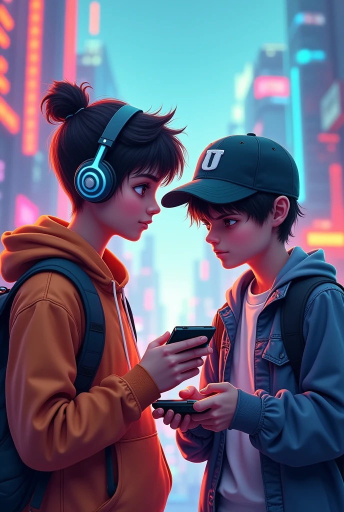 Two teenagers with a hat and a cap, one of them has a headset and the other a handheld console