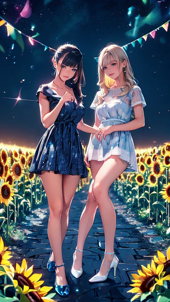 ((masterpiece)),(((Highest quality))),
Look forward。
Two idols in bold fashion、
Two intertwined slim thighs,Long legs,whole body:1.5,
(Two intertwined girls:1.3),
(Pop patterned pantyhose and thick pointed heels:1.3),
(Cute white casual summer outfit dress:1.2),
Short Blonde:1.2、
Two intertwined models posing,
Flowerpunk space background with glitter effect, Lens flare, fluorescence,
Sunflower field, Dazzling summer sunshine