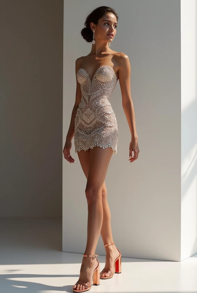 Create an image of a model wearing a short prom dress with a strapless chunky heels