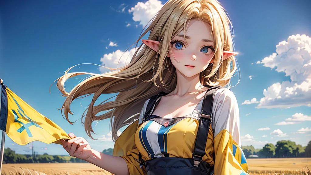 ((Masterpiece)), (Anime:1.5), ((best quality)), (RAW photo:1.2), (High Definition:1.3), (Professional Photography:1.2), (), (1girl), cute young girl, BREAK, (naughty face:1.3), (Beautiful daiamond eyes:1.5), (pale skin), elf girl, wearing Gray Workwear Coveralls, flat chest, slender waist, BREAK, (hair over eyes:1.2), Silky hair, medium hair, ((blond hair)), wearing Gray Workwear Coveralls, (in a wheat field among agricultural machinery), ((full length image of a girl)), ((low-cut neckline)), (open clothing in the chest area), ((Ukrainian flag on the background in the field)), Ukrainian flag on a flagpole, full length image of a girl, slender legs, (yellow-blue national flag of the state of Ukraine - (the top of the flag is the blue stripe, the bottom of the flag is the yellow stripe):1.5)