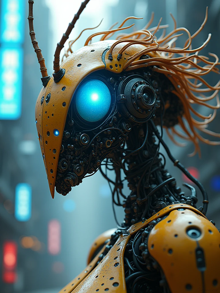 ((Masterpiece artwork, 16K, best qualityer, high resolution: 1.3)), (a portrait of a biomechanical Mosquito robot: 1.2), (Hyperdetailed and intricate matte painting by Jean Baptiste Monge, Jesper Ejsing, Anton Fadeev, Peter mohrbacher: 1.2), (hypermaximalist, Precision: 1.2), (blue, greens, yellows: 1.2), (The robot lion is a fusion of organic and mechanical elements: 1.2), (Its mane is composed of intricate details,  Tendrils and metallic wires:1.2), (Its eyes gleam with a vibrant blue light, Suggesting AI:1.2 Advanced), (The body is a complex arrangement of gears, Pistons and circuits:1.2), (The mechanical parts are perfectly integrated with the organic features, Creating a harmonious blend:1.2), (The background is a futuristic industrial landscape with imposing structures and neon lights:1.2),  (the composition showcases the intricate details of the mosquito robot and the futuristic setting:1.2), (A moment frozen in time, capturando a essência do avanço tecnológico e da Precision artística: AR-16:9