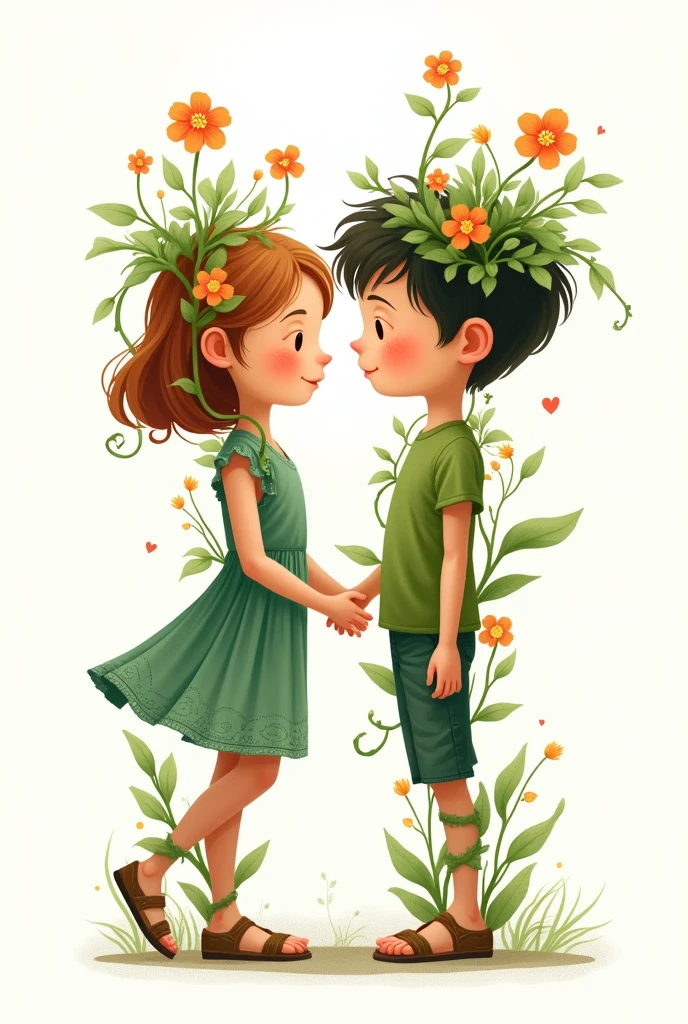 girl and boy as a plant, with plant like body happy and walking and white background, vector art