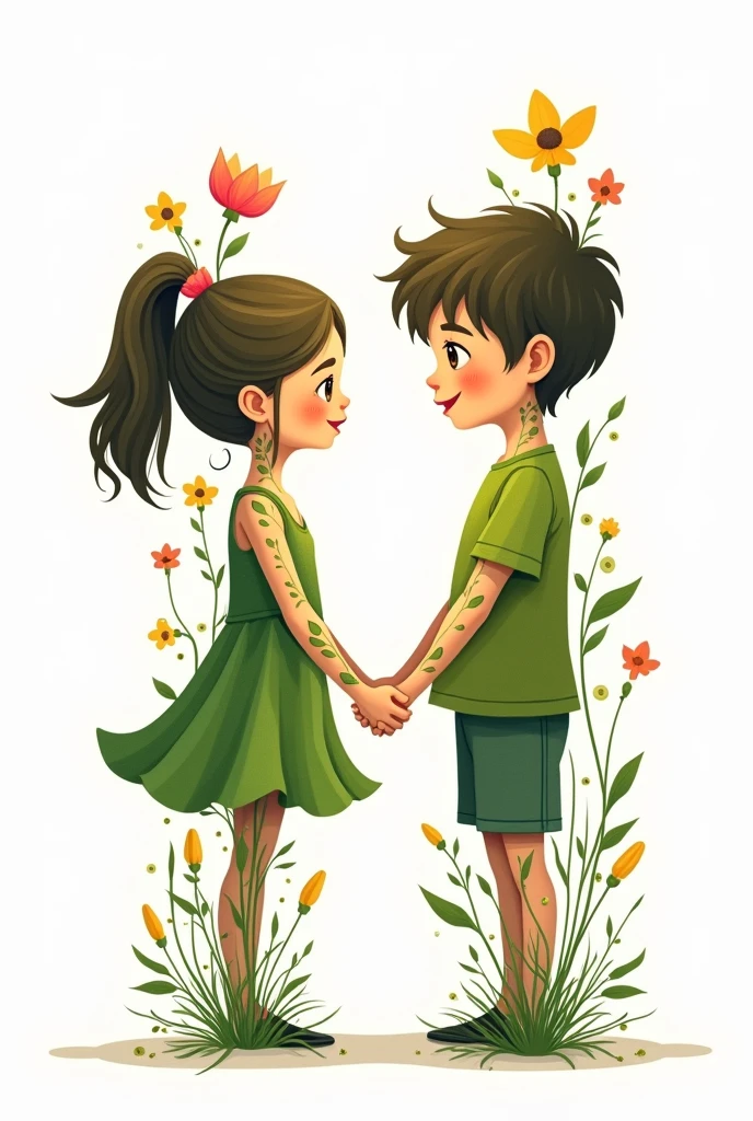girl and boy as a plant, with plant like body happy and walking and white background, vector art