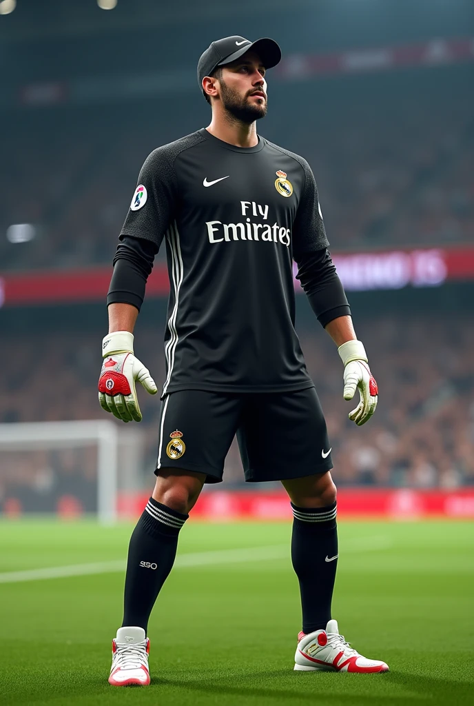 A goalkeeper wearing a black Nike cap with a Real Madrid shirt with black shorts and a white and red Jordan high top