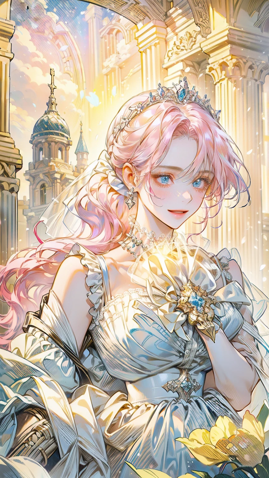 ((best quality)), ((masterpiece)), ((Romance Fantasy)), ((illustration)), (detailed), (clear), (Perfect), 1 woman, mature, pure, Smiling, Long pink hair tied up in a ponytail, With bangs, blue eyes, abundant eyelashes, Deep double eyelids, pretty lips, big bust, small waist, lush white wedding dress, diamond tiara, Veils, holding a white bouquet, Standing in an elegant posture, A sideways glance