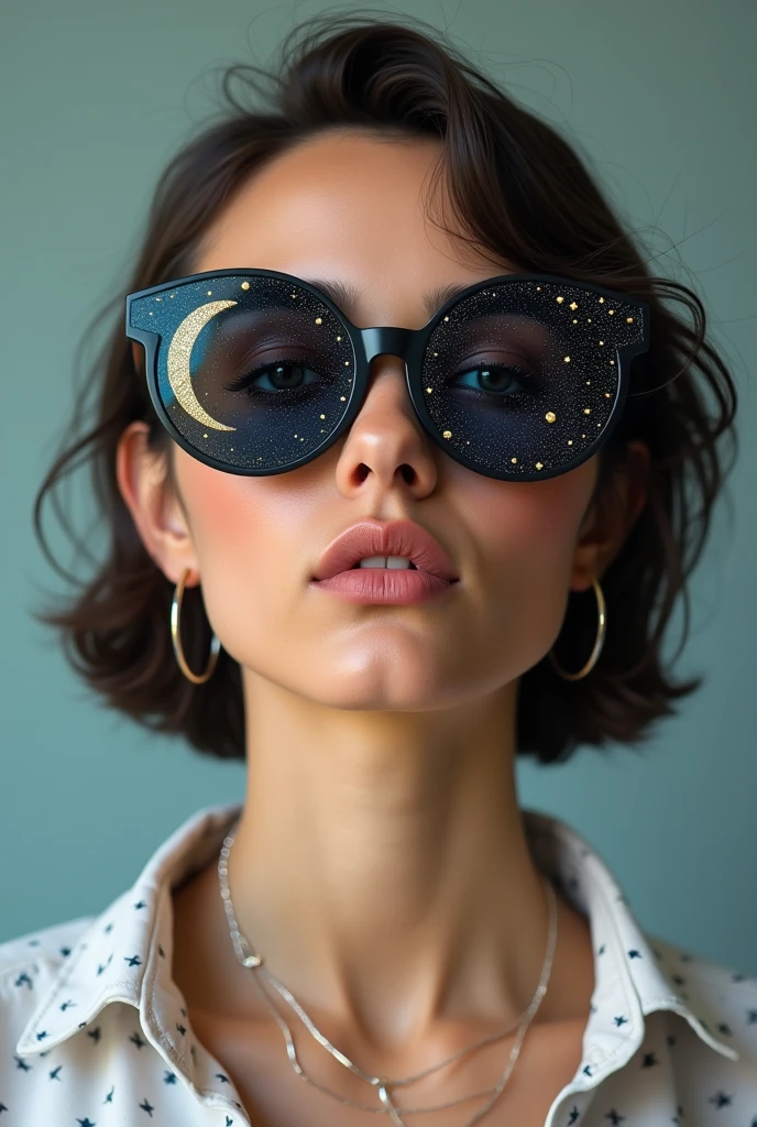 The model is wearing glass sunglasses with stars and the moon on the glass