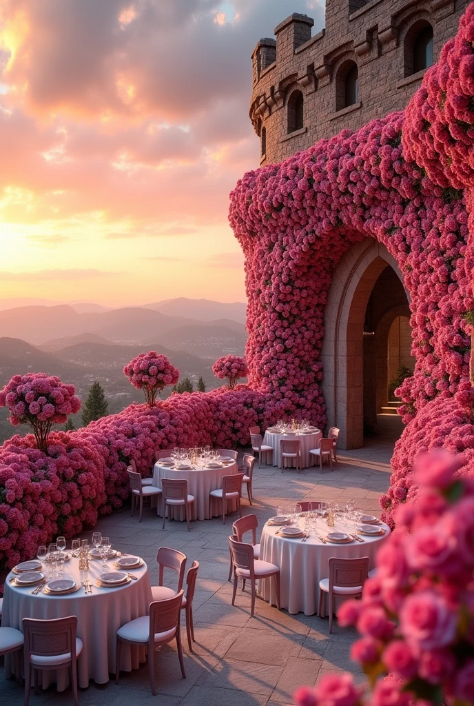 Draw me a very beautiful restaurant that is located on the roof of an ancient stone castle., white large round tables and large huge lush walls of pink roses around the table that separate them And in the background is an insanely beautiful sunset. in a realistic style. More roses and different shades of pink.