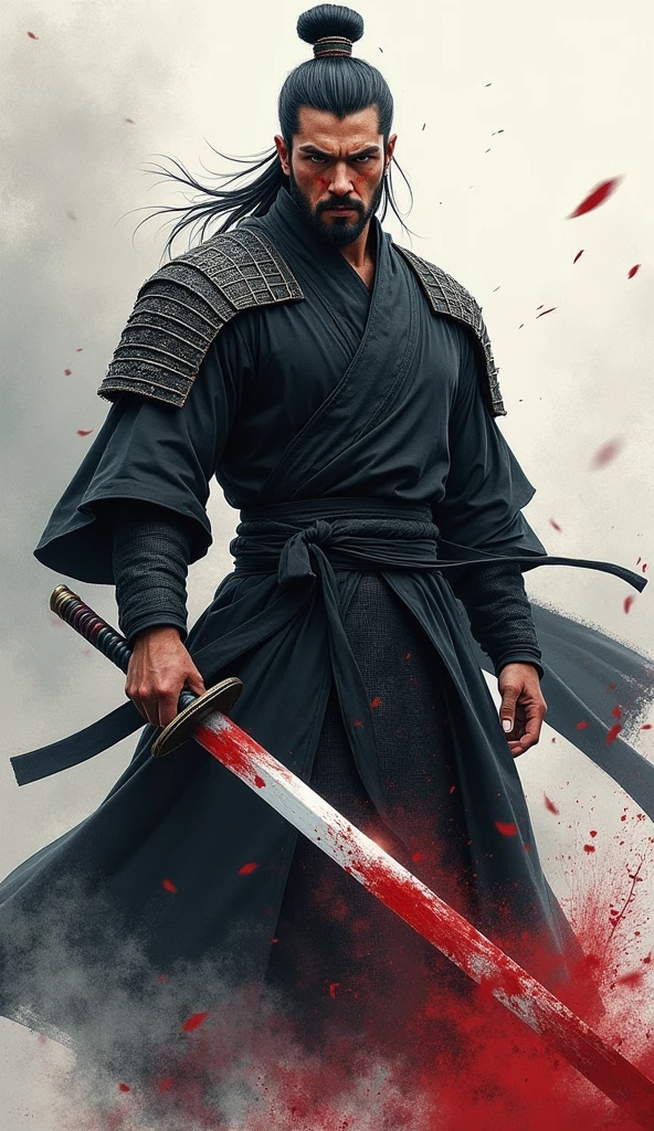 Handsome man, chinese black historical costume, holding a bloody sword, blood on face, water colour digital art style, illustration, non realistic type
