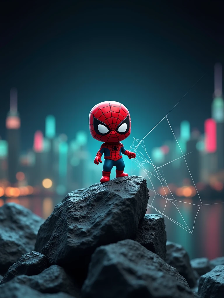 Chibi Spider-Man on top of a rock t, black background, depth of field spider web, anime, 3D rendering, blue and green background city, like a poster movie