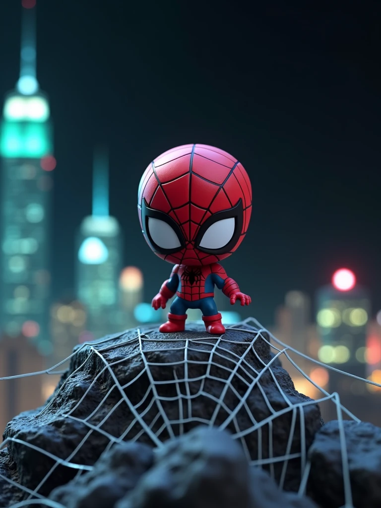Chibi Spider-Man on top of a rock t, black background, depth of field spider web, anime, 3D rendering, blue and green background city, like a poster movie