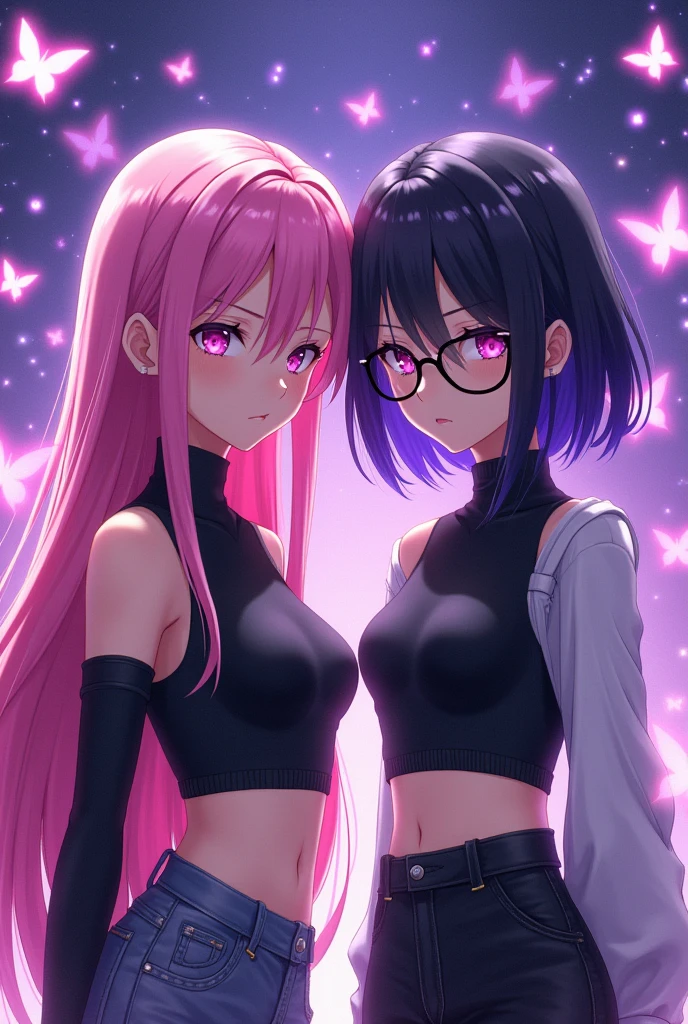 girl hair pink LARGE with black, eyes pink and friend girl hair black with purple, face seriues with black glasses
 , butterflies purples particles , anime HD , oufit futurista, crop top black , match icon, atmosphere with stars HD
