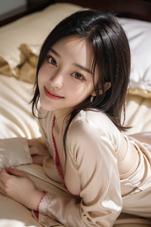 (2 Japanese girl,), (Small breasts:1.5,),(solo,Textured skin, Detailed skin,Detailed face,Detailed eyes,detailed posing,Natural eyebrows,Perfect limbs,High detail, Highest quality, Super detailed, Surrealism, ,8k,RAW Photos,Photographicism,Professional Lighting,Portrait Photography,),((Black Hair, Dark Eyes,Natural Makeup,Simple earrings,Medium Hair,smile)),(((Lying on the bed in the bedroom at night,Beige thin silk pajamas,)))