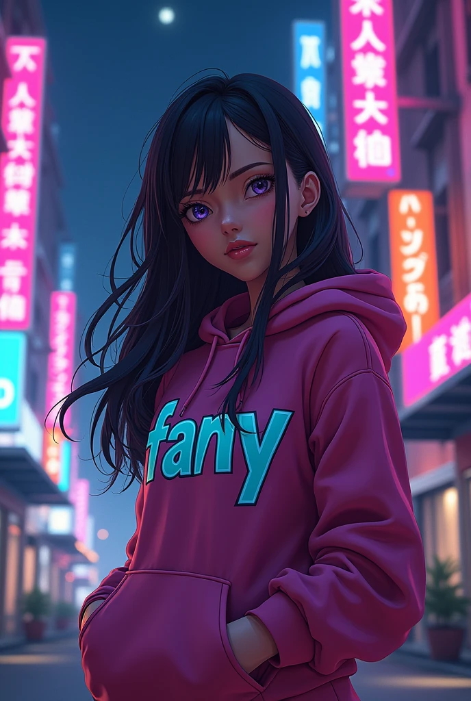 Create anime character; {background: HD capital text: “GLBK” in right-top, night}, tanned skin, realistic, HDR, beautiful, japan style, full body, age 20, hoodie HD text: “Paik”, female, color Gradient hair, long hair, J Cup breast