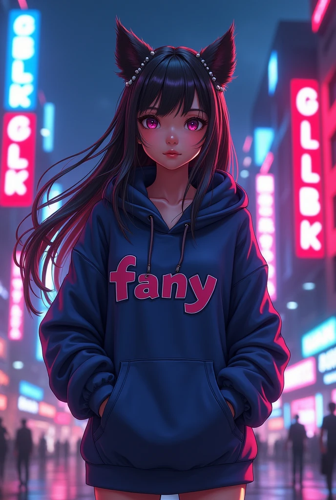 Create a character anime, {background: capital text “GLBK”, night city}, tanned skin,
realistic, HDR, beautiful, japan style, full body, use piastol, age 20, hoodie HD text: “FANY”, female, long hair