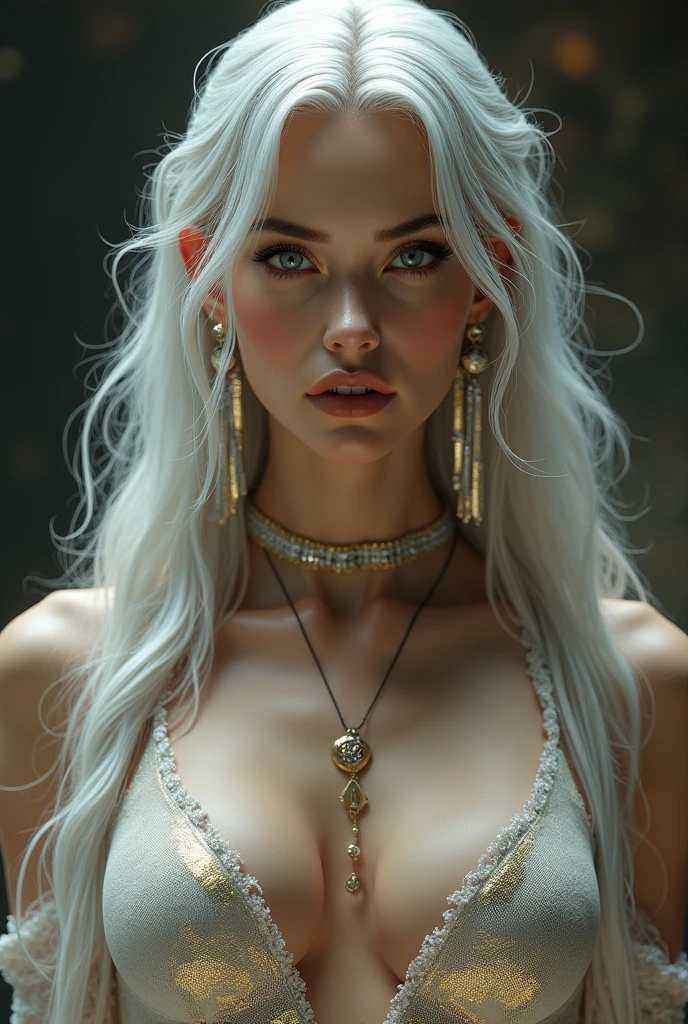 tall woman, silver and gold hair, silver and gold eyes, White skin, big breasts, huge butt, elegantCrystal Hair, breasts, big breasts, Crystal earrings, naughty face, mischievous, satisfied smile, hard look, High resolution, High resolution, anatomically correct, masterpiece, necessary, Awarded many times, The best quality, quality, Very detailed, high quality, retina, textured skin, UHD, heterochromia, The best quality, anatomically correct, High resolution, Very detailed, UHD, realism,