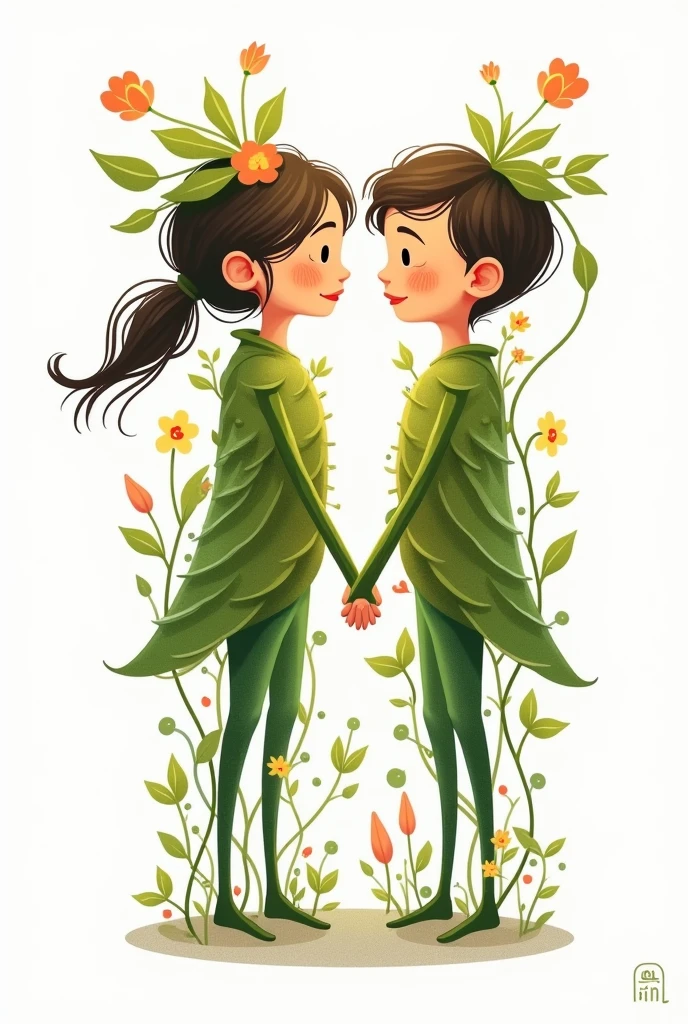 girl and boy as a plant, with plant like body happy and walking and white background, vector art